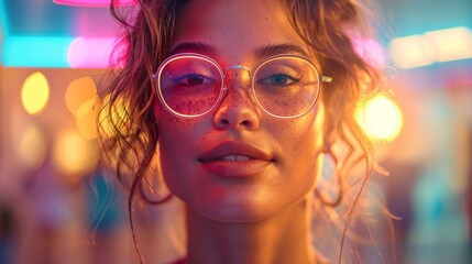 Fototapeta premium A striking image of a young woman with glasses, set against a vibrant neon background. Her freckled face glows under the colorful lights, exuding an aura of confidence.
