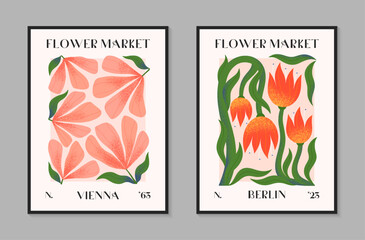 Abstact flower market vector posters with hand drawn florals.Modern botanical illustrations for prints,flyers,banners,invitations,branding design,covers,home decoration.