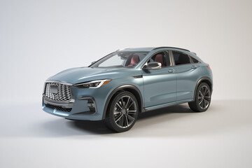 Left side view of blue car SUV on white background, 3D rendered high quality image.