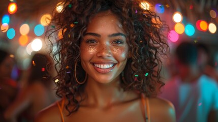 Fototapeta premium A radiant woman with curly hair and glitter on her face, happily smiling at a lively party, adorned with colorful lights, creating a joyful and festive atmosphere.