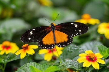 Naklejka premium Vivid Butterfly Amidst Vibrant Flower Bed