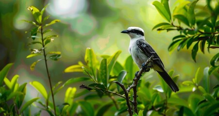 Obraz premium Nature's Charm: Bird Perched on Branch in Lush Environment