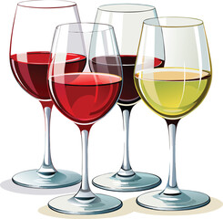 Four elegant wine glasses standing with different types of wine