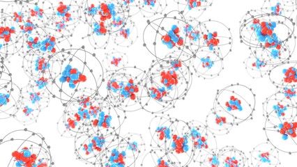 multiple atomic particles on movement and rotation in 3d representation. Can be used to represent quantum mechanics physics, chemistry radioactivity or thermodynamics energy