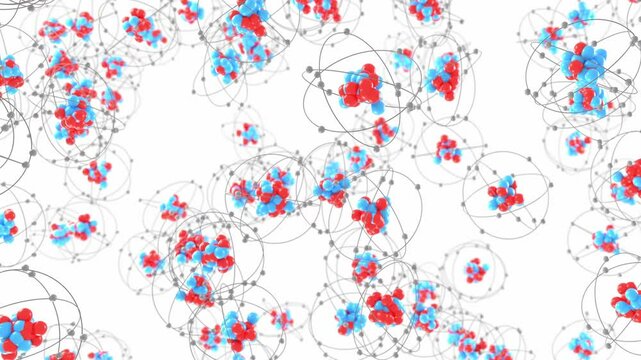 multiple atomic particles on movement and rotation in 3d animation loop. Can be used to represent quantum mechanics physics, chemistry radioactivity or thermodynamics energy