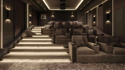 Naklejka premium luxury home theater with tiered seating upholstered in plush velvet, integrated cup holders, and ambient LED lighting, designed for the ultimate movie-watching experience