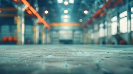 Blurry and out of focus backdrop for design in an empty industrial setting Representing manufacturing warehousing and factories Ample space for text Panoramic view