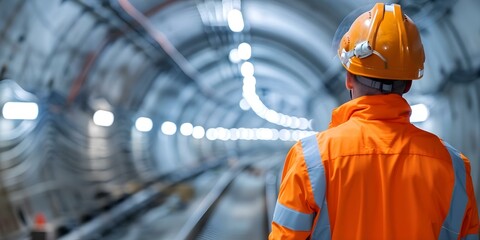 Engineer in orange safety gear overseeing underground tunnel construction with electric train. Concept Construction, Engineer, Safety Gear, Underground Tunnel, Electric Train