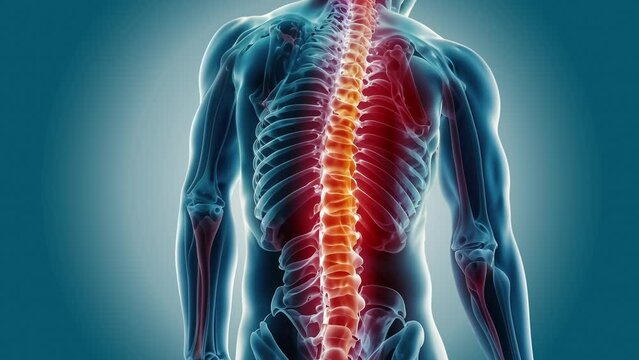 Xray and 3d Spinal pain and human back anatomy Man puts his hands behind his back with pain in his spine
