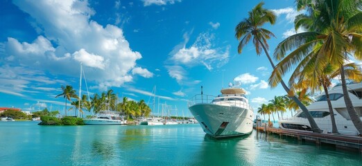 Obraz premium Serene Tropical Paradise: Luxury Cruise Ship Docked at a Palm-Fringed Harbor