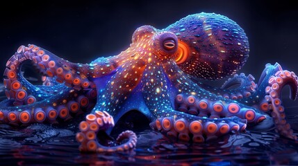 A bioluminescent octopus showcasing its vibrant and sparkling colors underwater, with detailed tentacles and a mesmerizing aura, creates a stunning display of marine beauty.