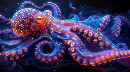 A mesmerizing bioluminescent octopus displaying a wide array of vibrant glowing colors, with intricate patterns on its tentacles, set against the mysterious deep ocean backdrop.