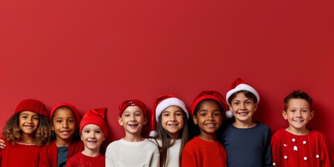 A group of children in Santa hats and red sweaters, sharing joy and unity, representing happiness and connection. They happily celebrate in festive clothing, emitting warmth and joy