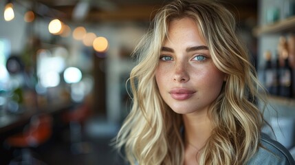 Obraz premium A blonde woman with light makeup smiles warmly at the camera in a cozy, softly lit indoor setting, giving an approachable and intimate feeling to the viewer.