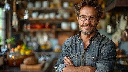 A man with glasses, wearing a denim shirt, stands confidently with his arms crossed in a cozy, well-decorated kitchen, conveying warmth and culinary enthusiasm.