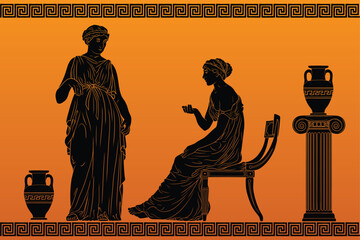 Fototapeta premium Two ancient Greek women in tunics with jugs are engaged in a dialogue.