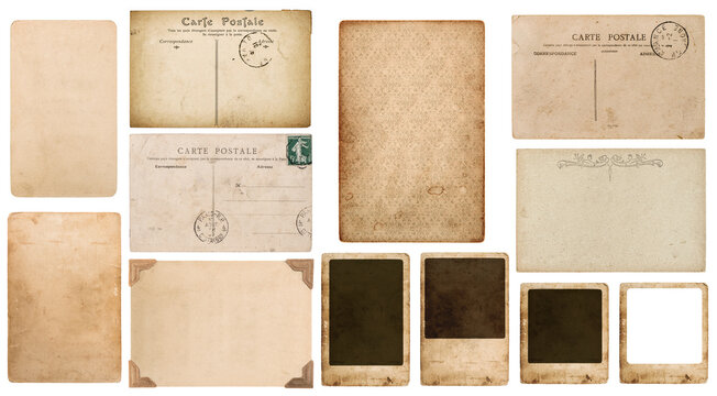 Used paper pieces set. Postcard, photo frame, cardboard, antique french carte postale