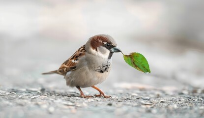 Sparrow with Leaf in Mouth on Pavement