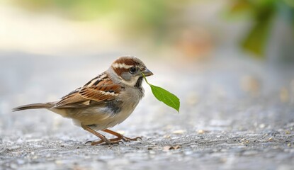 Petite Songbird on Gravel Path with Leaf