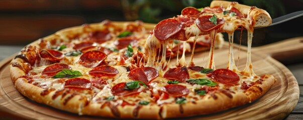 Pepperoni pizza with cheese pull on wooden board, delicious food concept