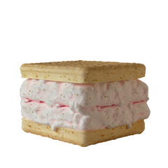 An ice cream sandwich with a bite taken out, placed upright, and set against a transparent background.