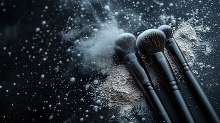 A composition of makeup brushes with white powder scattered on a black surface highlights the tools' textures, emphasizing the themes of makeup artistry, elegance, and professionalism.