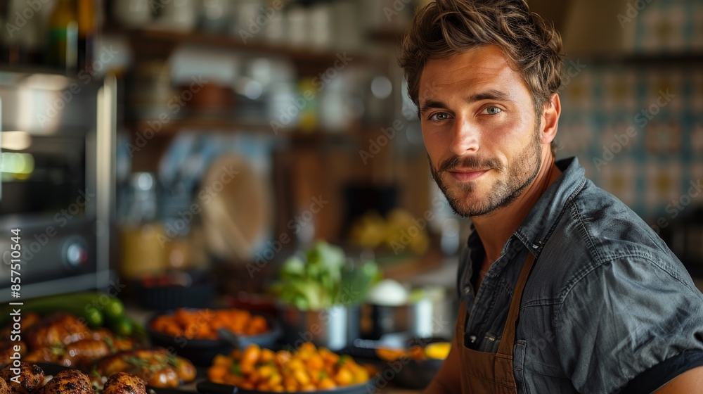 Sticker A man with short hair stands in a kitchen, wearing an apron and cooking with an array of fresh vegetables and ingredients around him, presenting a vibrant culinary scene.