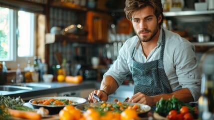 A young, focused man in a modern kitchen prepares a meal with fresh vegetables and ingredients. The ambiance is creative and filled with culinary enthusiasm and vibrant colors.