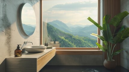 Modern Bathroom with Scenic Mountain View, Generative AI
