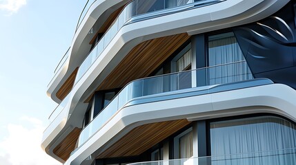 modern facade of a building featuring dynamic, angular balconies with glass railings, providing a futuristic look