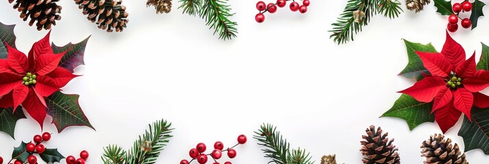 The Christmas border is adorned with poinsettias and pine cones, creating a festive atmosphere for designs. The arrangement includes elements like berries, branches, and evergreen foliage