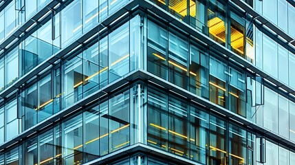 modern office building with a glass curtain wall system, detailed with metal mullions that add structural integrity and aesthetic rhythm to the facade