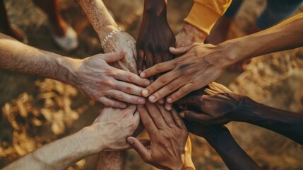 Group of diverse hands stacked together, unity and teamwork concept