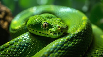 Obraz premium Close-up of a Vibrant Green Snake Coiled in Lush Foliage, Generative AI