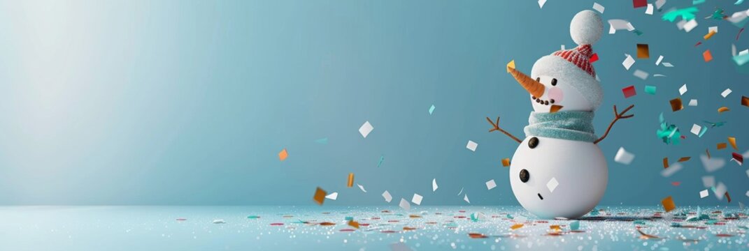 A cheerful snowman enjoying falling confetti on a winter day, creating a joyful scene filled with happiness and celebration in the snowy weather, brings festive vibes to the atmosphere