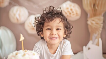 Fototapeta premium Happy Young Boy Celebrating Birthday in a Minimalist Setting