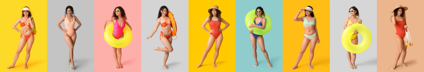 Set of pretty African-American women in stylish swimsuits on color background