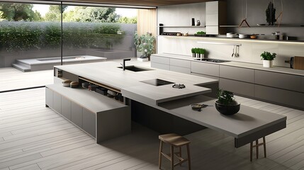 modular kitchen island that can be expanded or retracted, crafted with smart storage solutions and a sleek, durable countertop, suitable for modern culinary needs