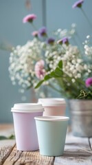 Pastel-colored paper cups on rustic wooden table with flowers in background, soft focus, spring decor concept