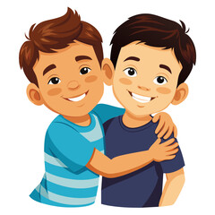 Two cartoon boys in colorful dresses smile and play together  