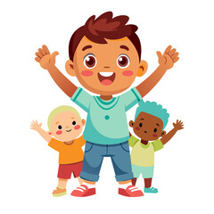 A happy cartoon illustration of boys smiling with friends