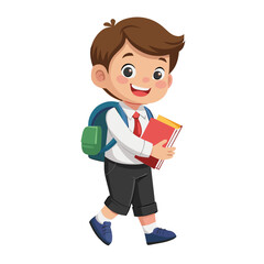 Cartoon boy smiles while engrossed in a colorful book at school