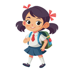 A cute cartoon little girl with a backpack smiles happily