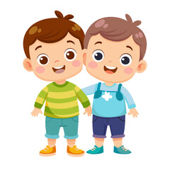Two cartoon boys in colorful dresses smile and play together  