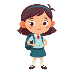 A cute cartoon little girl with a backpack smiles happily