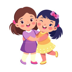Two cartoon girls in colorful dresses smile and play together  
