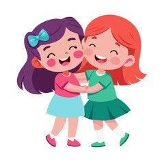 Two cartoon girls in colorful dresses smile and play together  