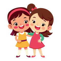 Two cartoon girls in colorful dresses smile and play together  