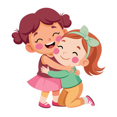 Two cartoon girls in colorful dresses smile and play together  