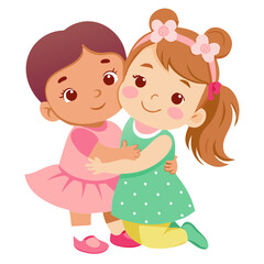 Two cartoon girls in colorful dresses smile and play together  